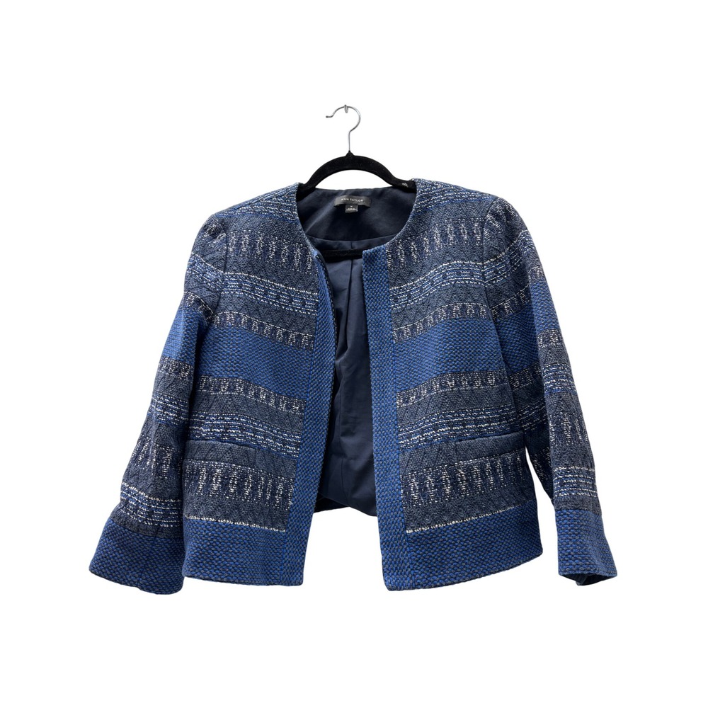Ann Taylor Blue Tweed Geometric Open Front Jacket Blazer Size 14 Metallic Accent